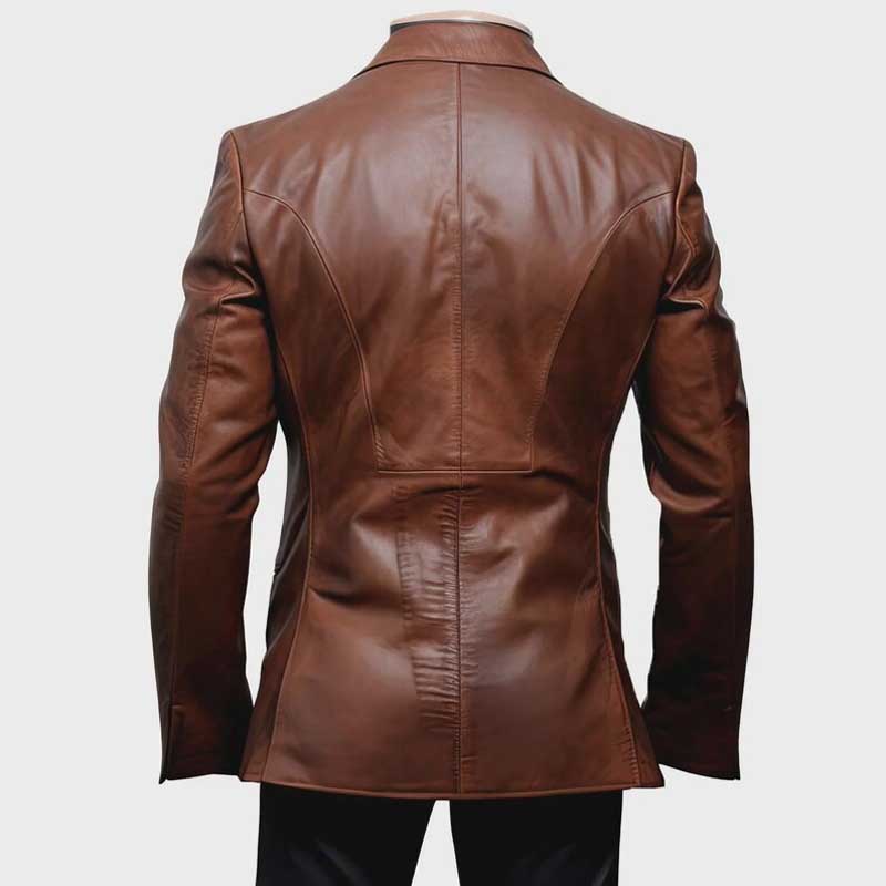 Tailored men's brown leather blazer genuine cowhide back view showing structured fit