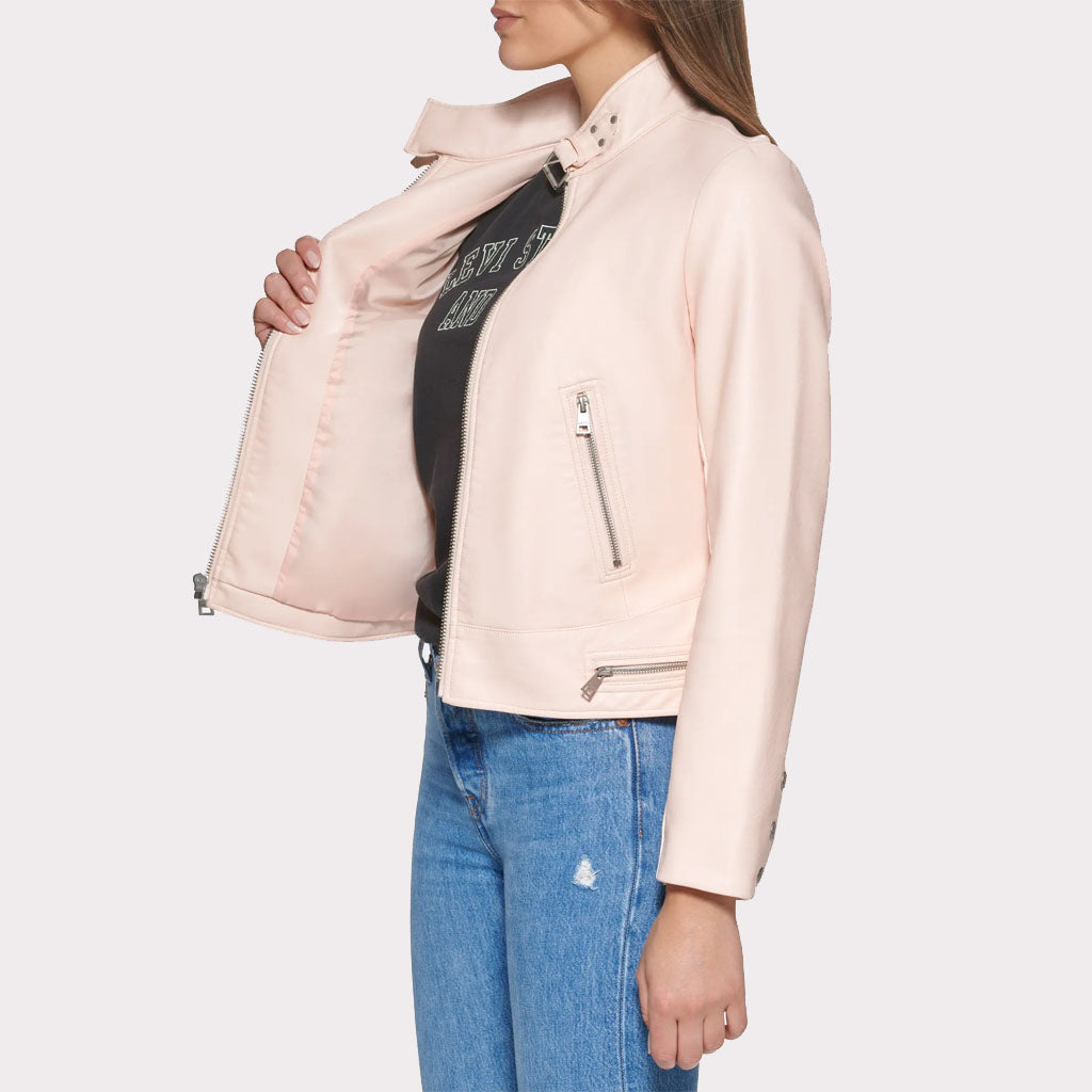 Trendy Powder Pink Women's Racer Leather Jacket