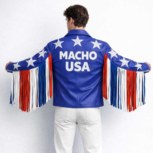 USA Patriotic Macho Man Leather Fringe Jacket
