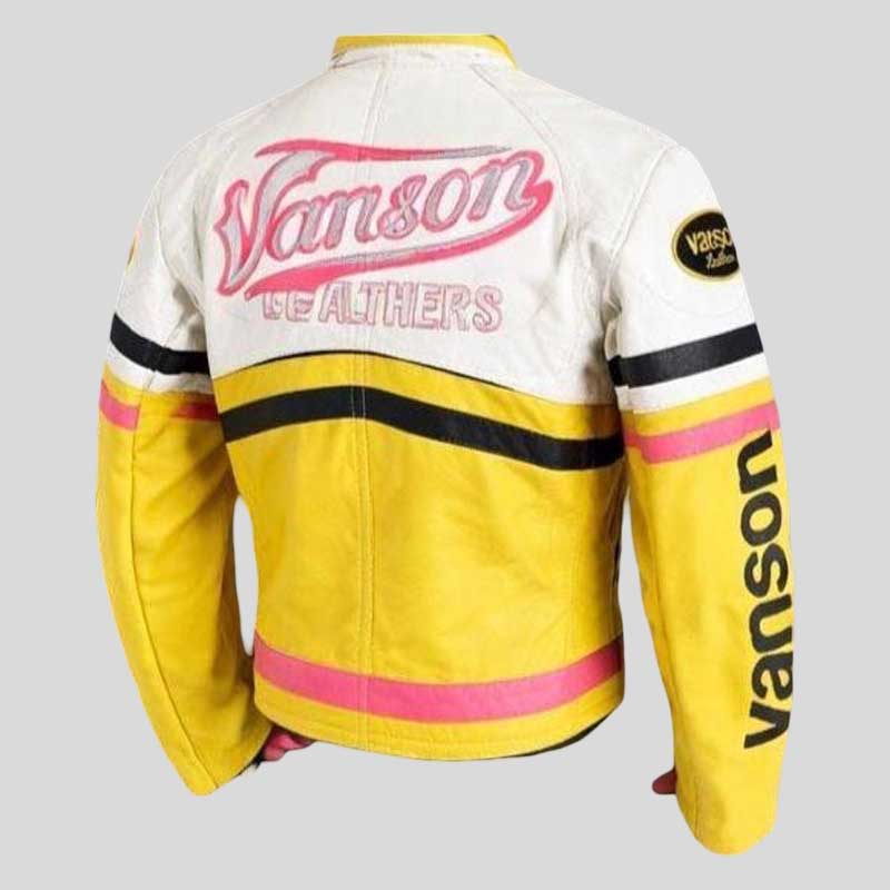 Vanson Leathers Cropped Racing Leather Jacket Yellow White Pink