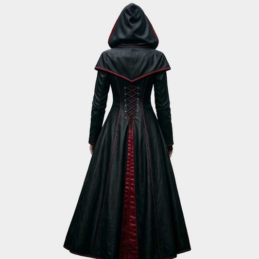 Victorian style women's leather trench coat featuring adjustable corset lacing and dramatic hood by Jackets Kingdom