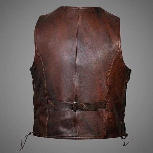 Vintage Brown Genuine Leather Motorcycle Vest with Side Lace Design