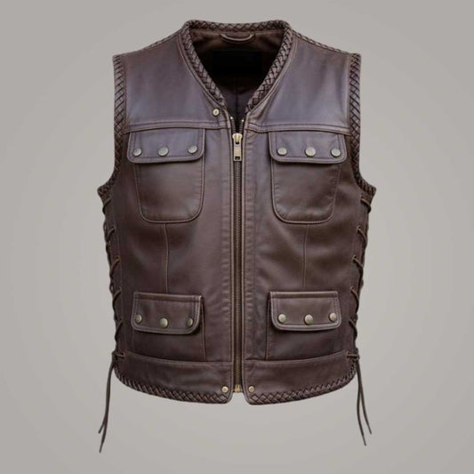 Vintage Brown Leather Biker Vest Western Style Motorcycle Vest