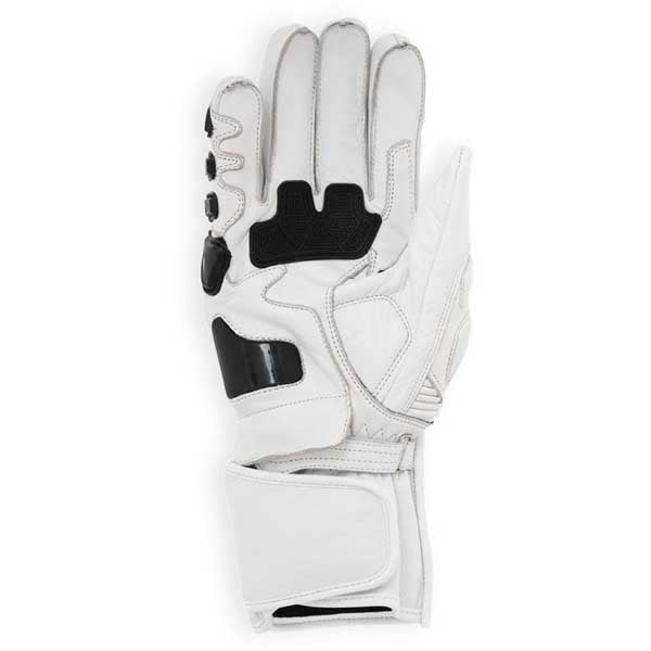 White leather motorcycle gloves with carbon fiber knuckle protection and reflective gauntlet strips by Jackets Kingdom