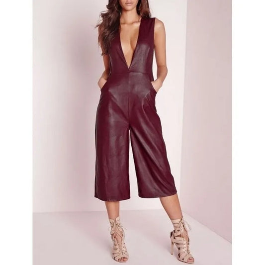 Women Burgundy Lambskin Leather Romper Catsuit Women Burgundy Lambskin Leather Romper Catsuit