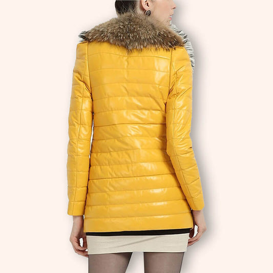 Women's Leather Down Coat with Fur Collar