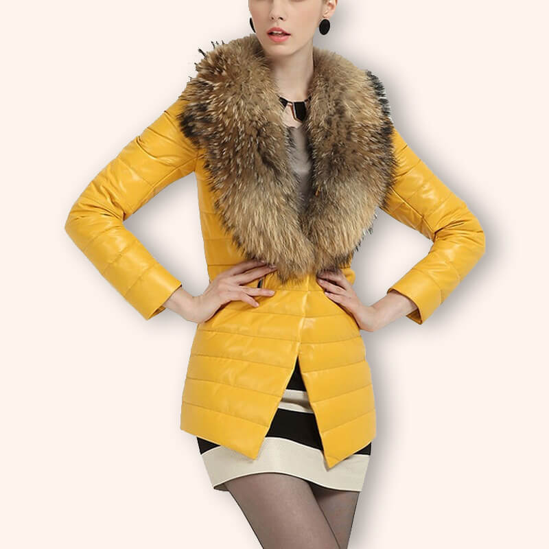 Women's Leather Down Coat with Fur Collar