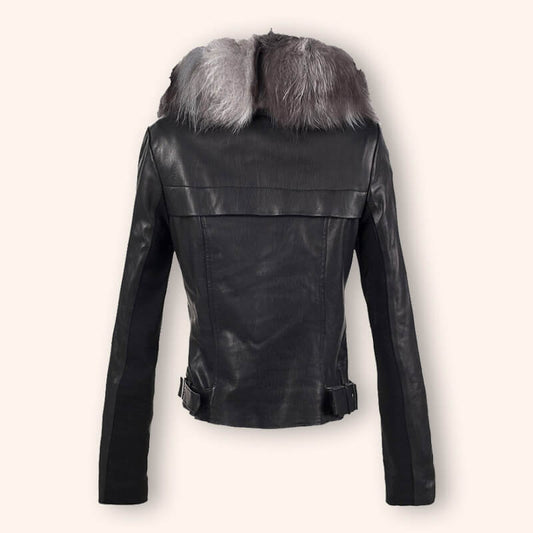 Women's Black Leather Jacket with Fox Fur Trim
