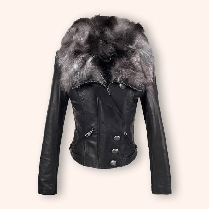Women's Black Leather Jacket with Fox Fur Trim