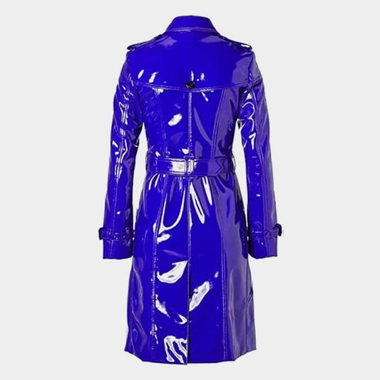 Women's Blue PVC Leather Shiny Raincoat Lightweight Stylish Trench Coat