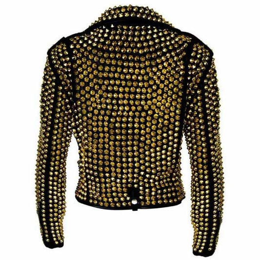 Women's Brando Golden Metal Studded Moto Biker Cowhide Leather Jacket