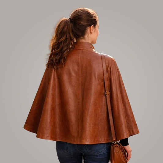 Women's Brown Leather Capelet with High Neck