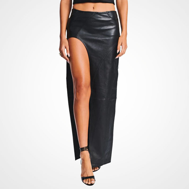 Women’s Genuine Leather Thigh-High Slit Skirt