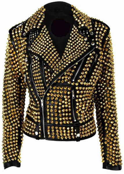 Women's Brando Golden Metal Studded Moto Biker Cowhide Leather Jacket Women's Metal Studded Biker Jacket