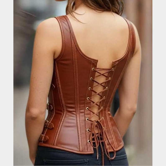Women's cognac brown faux leather corset featuring six side buckles and structured boning by Jackets Kingdom