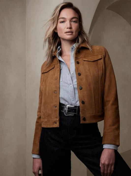 Women's Brown Suede Trucker Leather Jacket Women's Brown Suede Trucker Leather Jacket