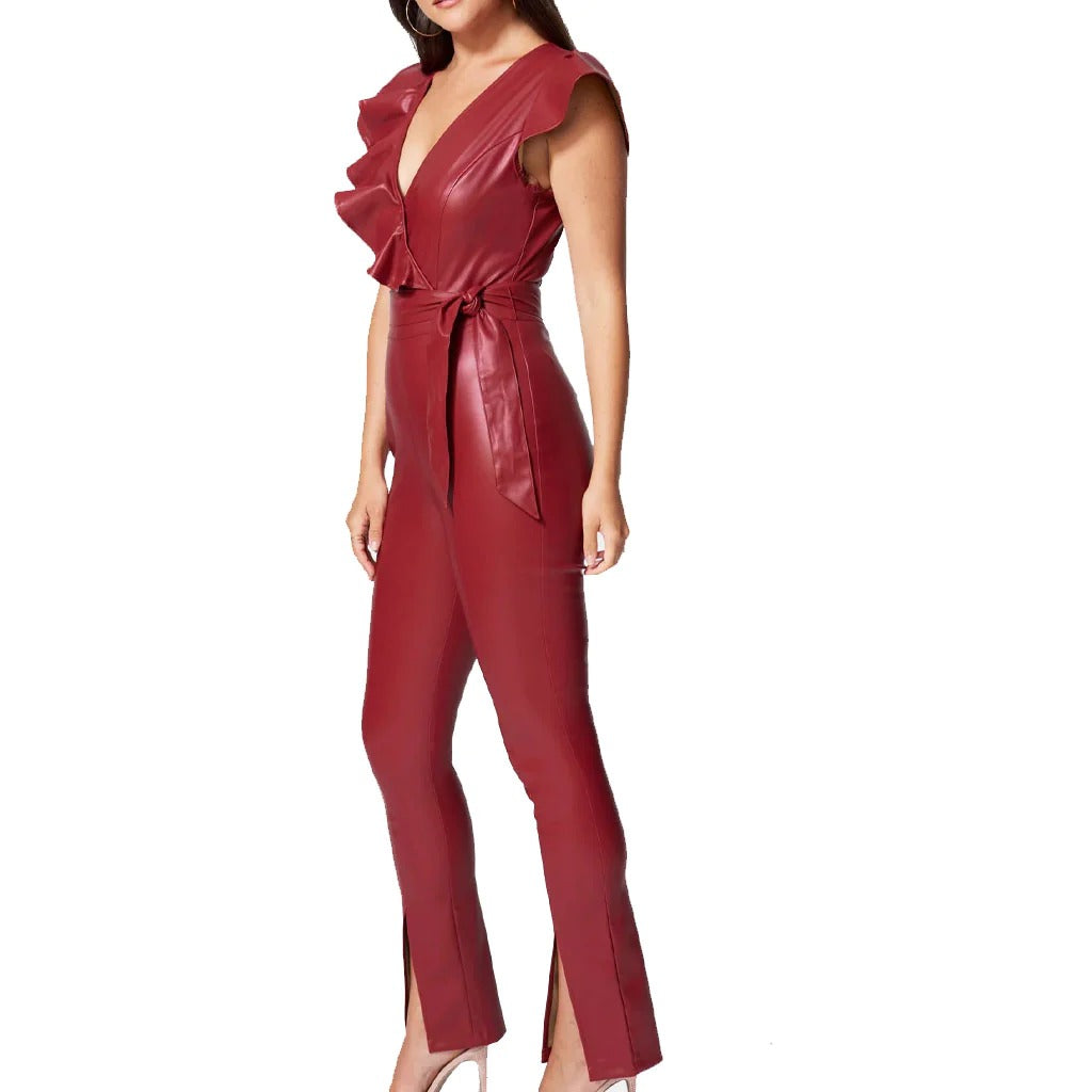 Women's Ruffle Detailed Leather Jumpsuit