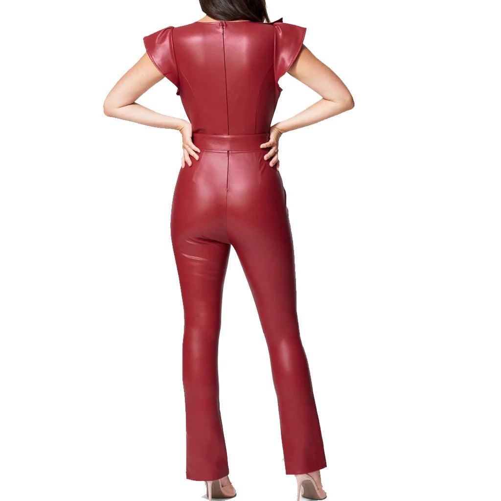 Women's Ruffle Detailed Leather Jumpsuit