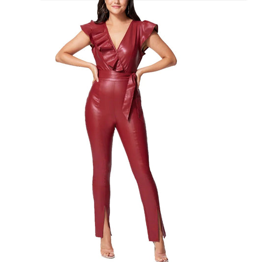 Women's Ruffle Detailed Leather Jumpsuit Women's Ruffle Detailed Leather Jumpsuit