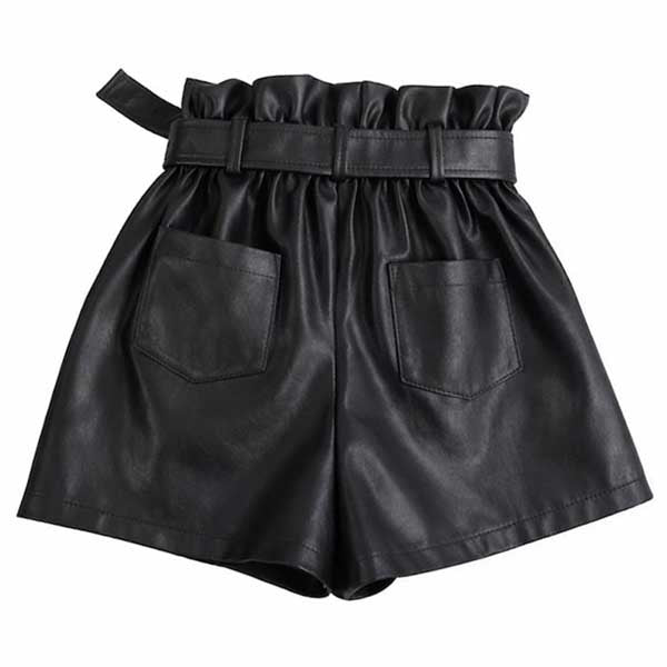 Womens Black High Waist Leather Paperbag Shorts