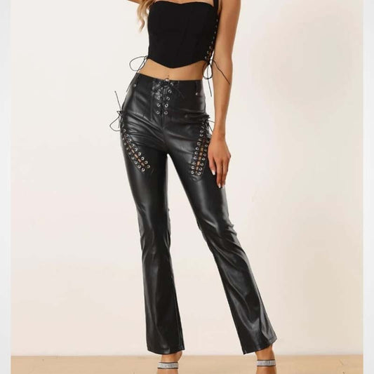 Women’s Black Lace Up Lambskin Leather Biker Pants