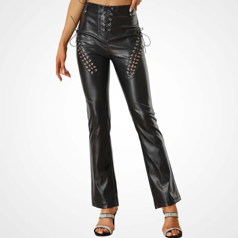 Women’s Black Lace Up Lambskin Leather Biker Pants