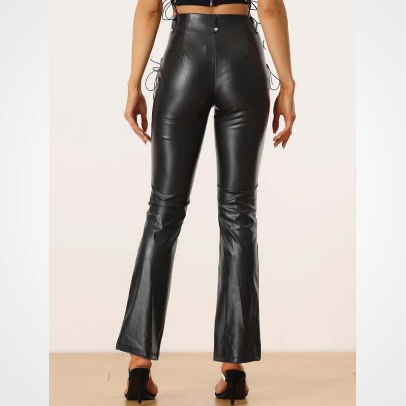 Women’s Black Lace Up Lambskin Leather Biker Pants