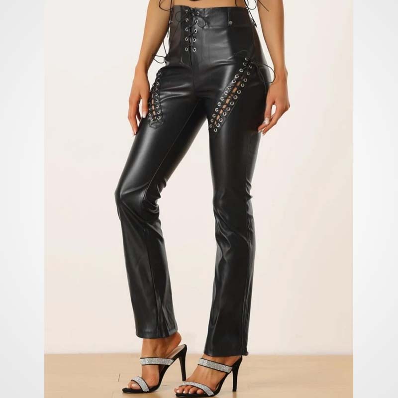 Women’s Black Lace Up Lambskin Leather Biker Pants