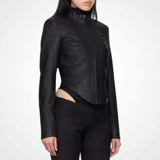 Women's Black Leather Corset Racer Jacket