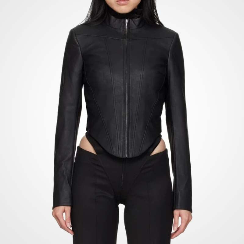 Women's Black Leather Corset Racer Jacket