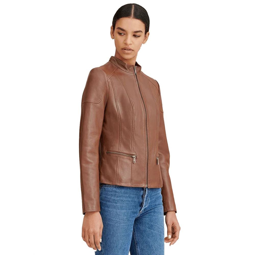 Women's Brown Leather Biker Jacket - Mandarin Collar Style