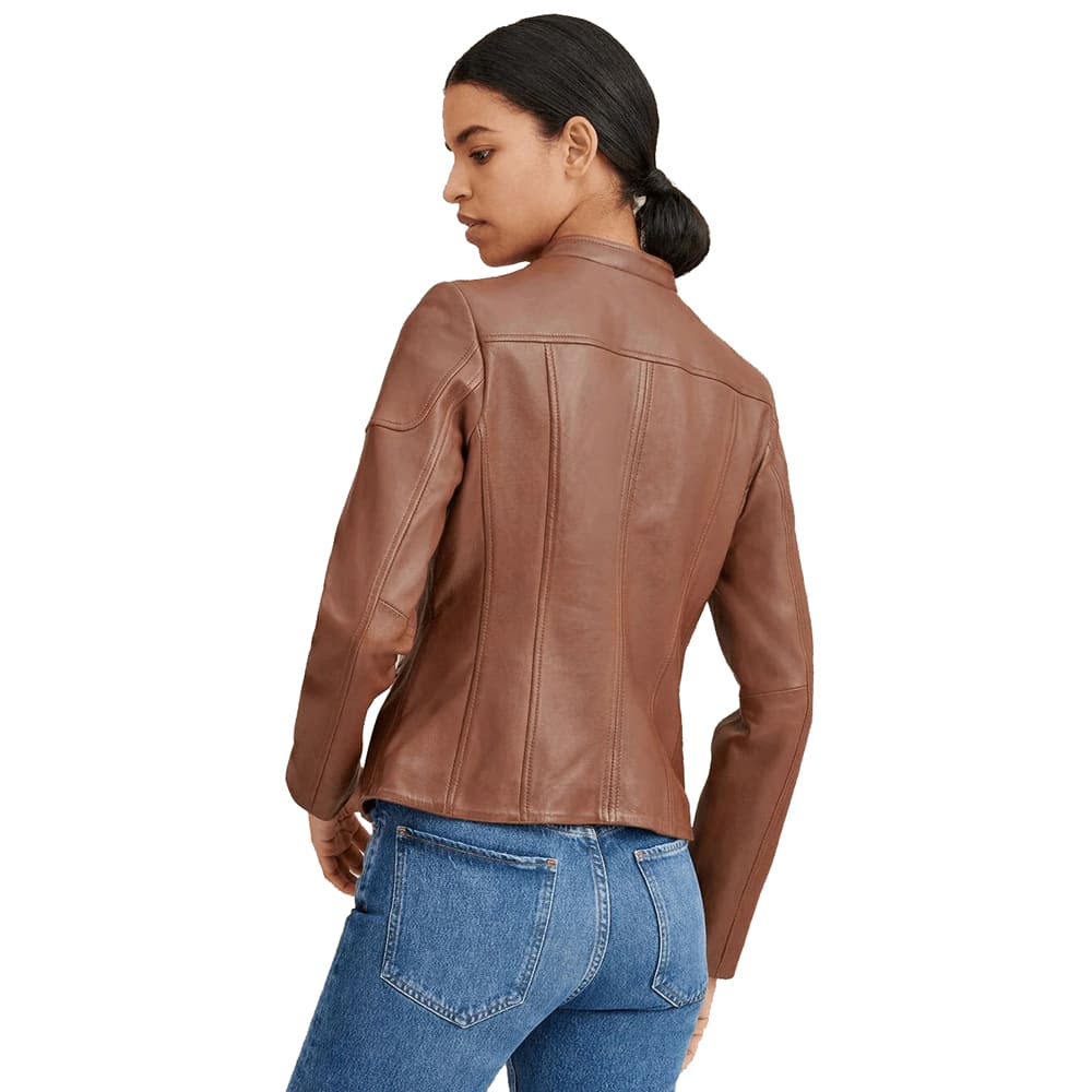 Women's Brown Leather Biker Jacket - Mandarin Collar Style