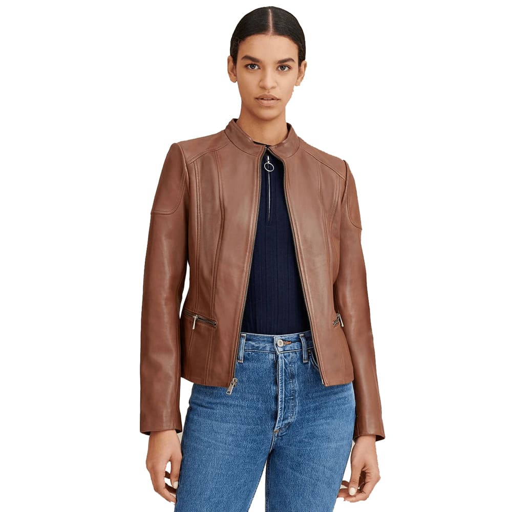 Brown Leather Biker Jacket - Brown Jacket with Mandarin Collar