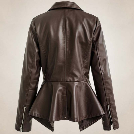 Women’s Brown Peplum Leather Biker Jacket