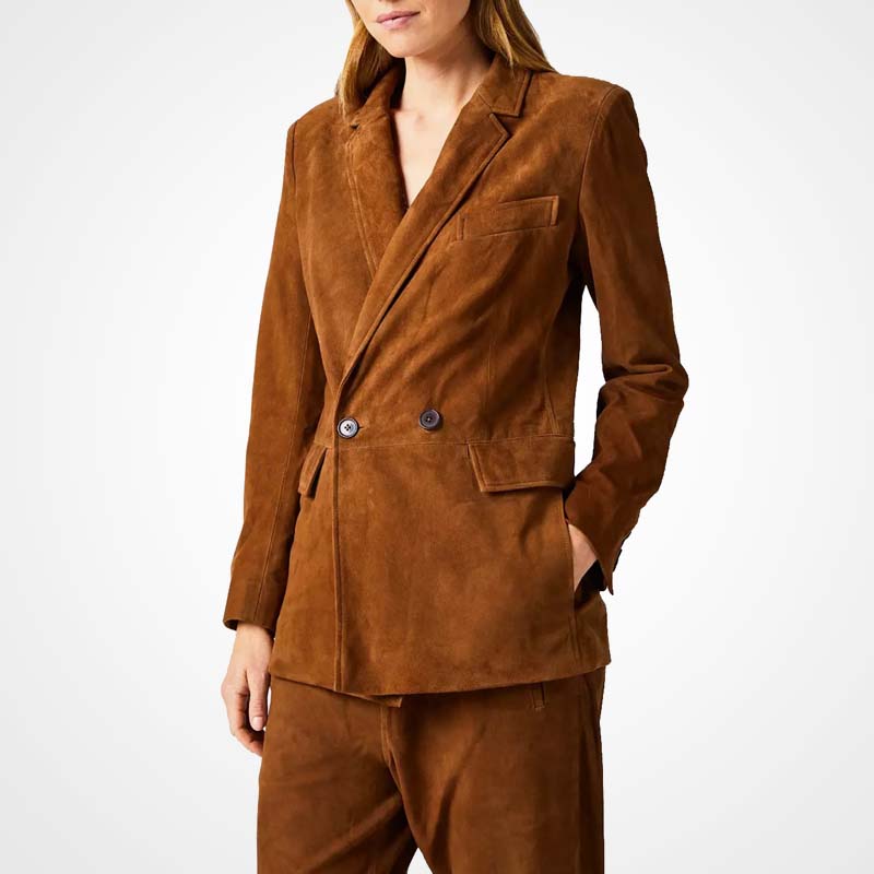 Women's Brown Suede Leather Blazer Formal Wear