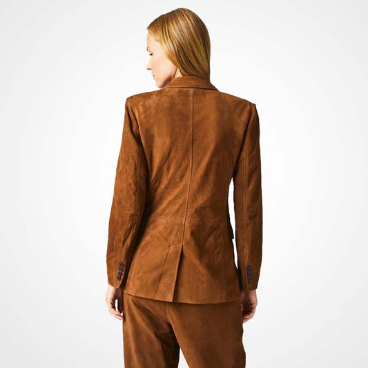 Women's Brown Suede Leather Blazer Formal Wear