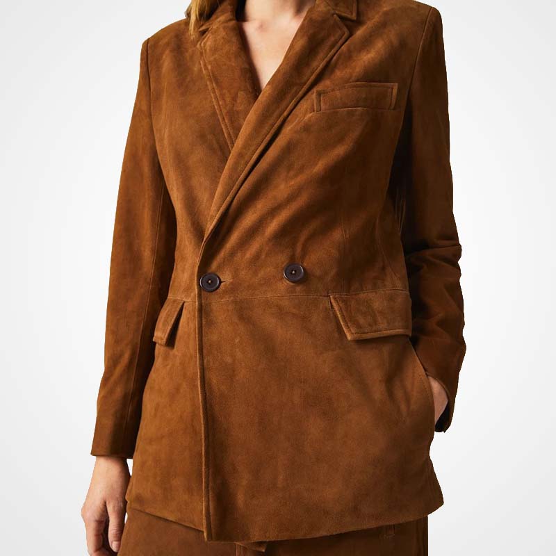 Women's Brown Suede Leather Blazer Formal Wear