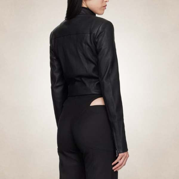 Women’s Corset Style Black Leather Racer Jacket