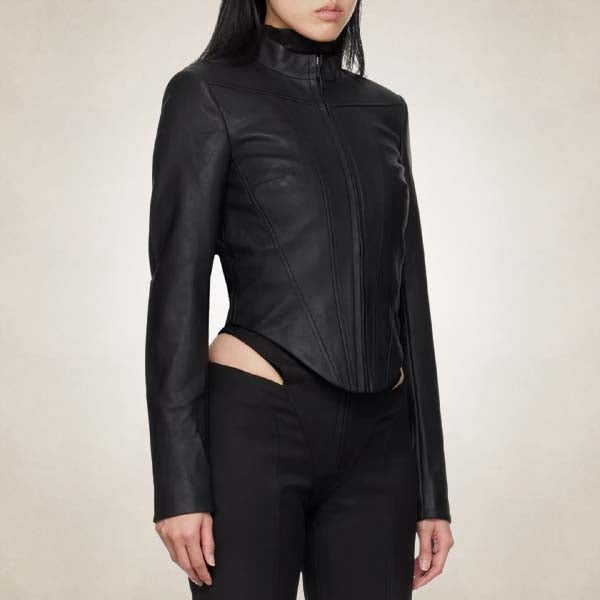 Women’s Corset Style Black Leather Racer Jacket