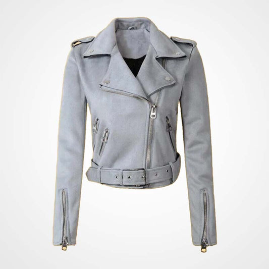 Women's Gray Suede Leather Biker Moto Jacket Women's Gray Suede Leather Biker Moto Jacket