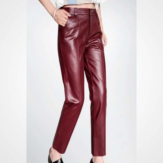 Women’s Maroon Lambskin Leather Pencil Pants