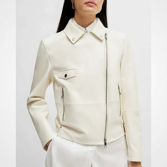 Women's Off-White Pure Lambskin Leather Biker Moto Jacket