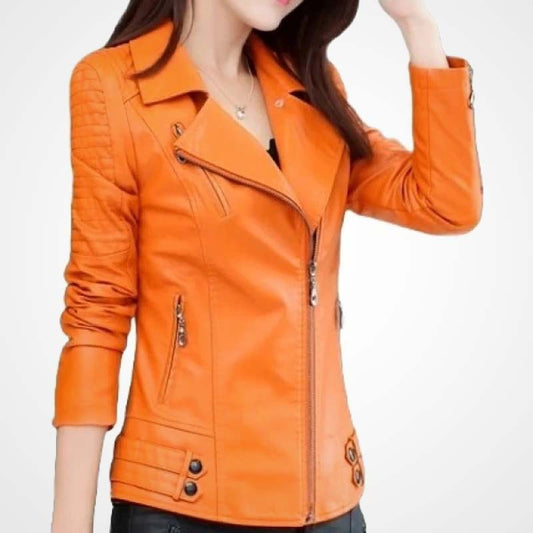 Women’s Orange Sheepskin Leather Moto Jacket