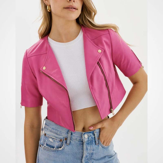 Women's Pink Cropped Lambskin Leather Biker Moto Jacket
