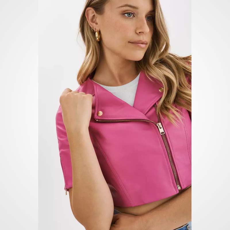 Women's Pink Cropped Lambskin Leather Biker Moto Jacket