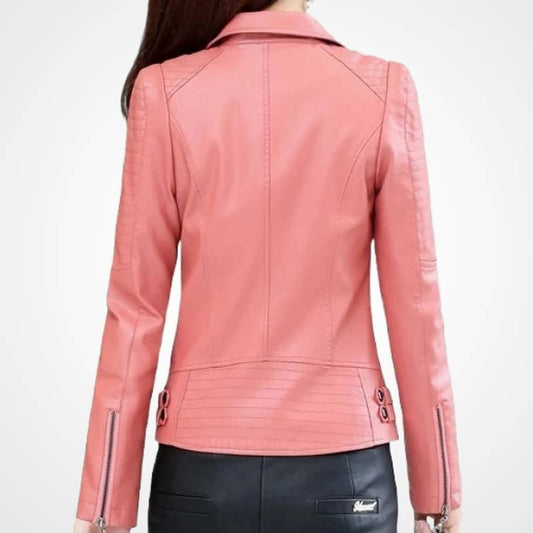 Womens Pink Sheepskin Moto Leather Biker Jacket