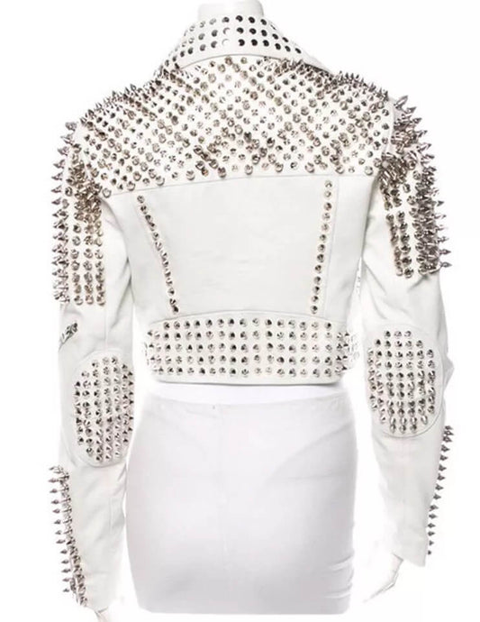 Womens Premium White Gothic Leather Jacket with Silver Studs