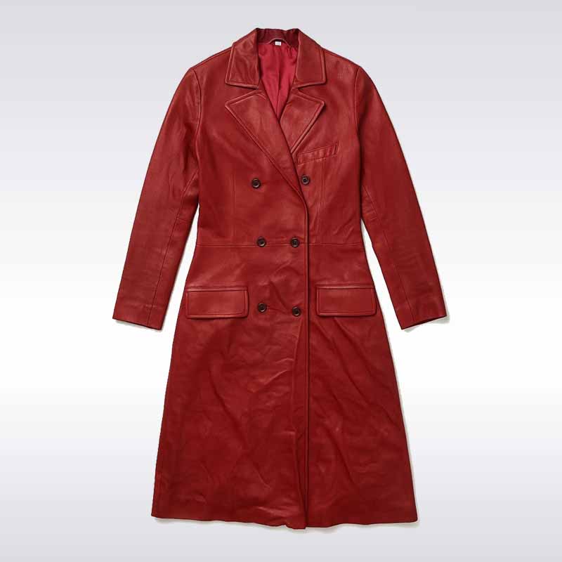 Women’s Red Genuine Leather Trench Coat Long Belted Jacket