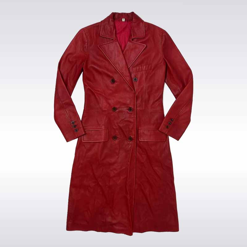 Women’s Red Genuine Leather Trench Coat Long Belted Jacket