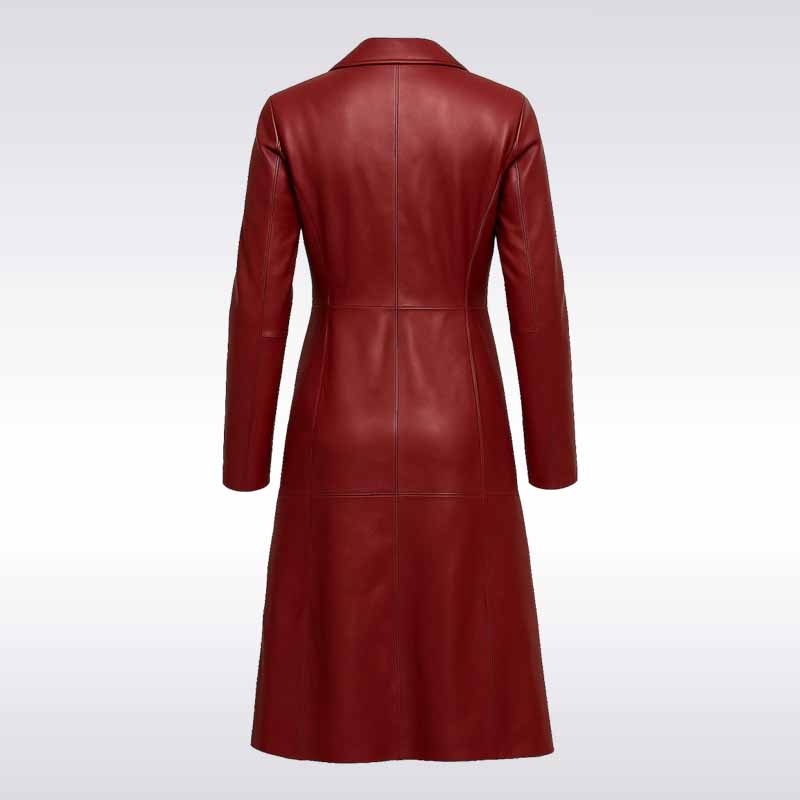 Women’s Red Genuine Leather Trench Coat Long Belted Jacket
